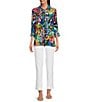 Color:Multi - Image 5 - Petite Size Printed Woven Wire Collar 3/4 Sleeve Contrast Trim Detail Button-Front Tunic