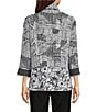 Ali Miles Petite Size Puckered Woven Floral Stripe Print Wire Collar 3/4 Sleeve Contrast Trim Button Front Tunic, Color:Black/White - Image 2