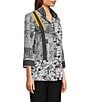 Ali Miles Petite Size Puckered Woven Floral Stripe Print Wire Collar 3/4 Sleeve Contrast Trim Button Front Tunic, Color:Black/White - Image 3