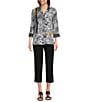 Ali Miles Petite Size Puckered Woven Floral Stripe Print Wire Collar 3/4 Sleeve Contrast Trim Button Front Tunic, Color:Black/White - Image 5