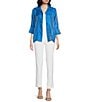Color:Royal - Image 3 - Petite Size Shimmer Woven Round Collar 3/4 Sleeve Button-Front Jacket