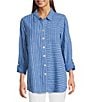 Ali Miles Petite Size Stripe Linen Blend Point Collar 3/4 Roll-Tab Sleeves Button Front Shirt, Color:Pacific - Image 1