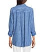 Ali Miles Petite Size Stripe Linen Blend Point Collar 3/4 Roll-Tab Sleeves Button Front Shirt, Color:Pacific - Image 2