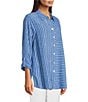 Ali Miles Petite Size Stripe Linen Blend Point Collar 3/4 Roll-Tab Sleeves Button Front Shirt, Color:Pacific - Image 3