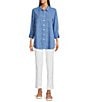 Ali Miles Petite Size Stripe Linen Blend Point Collar 3/4 Roll-Tab Sleeves Button Front Shirt, Color:Pacific - Image 5