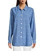 Ali Miles Petite Size Stripe Linen Blend Point Collar 3/4 Roll-Tab Sleeves Button Front Shirt, Color:Pacific - Image 6