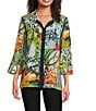 Ali Miles Petite Size Textured Woven Abstract Multi Print Wire Collar 3/4 Sleeve Button Front Tunic, Color:Abstract Multi - Image 1