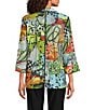 Ali Miles Petite Size Textured Woven Abstract Multi Print Wire Collar 3/4 Sleeve Button Front Tunic, Color:Abstract Multi - Image 2