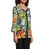 Ali Miles Petite Size Textured Woven Abstract Multi Print Wire Collar 3/4 Sleeve Button Front Tunic, Color:Abstract Multi - Image 3