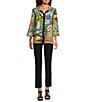 Ali Miles Petite Size Textured Woven Abstract Multi Print Wire Collar 3/4 Sleeve Button Front Tunic, Color:Abstract Multi - Image 5