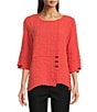 Color:Coral - Image 1 - Petite Size Textured Woven Tunic Round Neck Accent Button 3/4 Sleeve Tunic