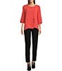Color:Coral - Image 3 - Petite Size Textured Woven Tunic Round Neck Accent Button 3/4 Sleeve Tunic