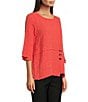 Color:Coral - Image 4 - Petite Size Textured Woven Tunic Round Neck Accent Button 3/4 Sleeve Tunic