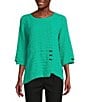 Color:Seafoam - Image 1 - Petite Size Textured Woven Tunic Round Neck Accent Button 3/4 Sleeve Tunic