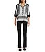 Ali Miles Petite Size Textured Yarn-Dyed Ombre Stripe Point Collar 3/4 Sleeve Button Front Tunic, Color:Black/White Print - Image 3