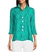 Color:Seafoam - Image 1 - Petite Size Wavy Dotted Lines Print Wire Collar 3/4 Cuffed Sleeve Button-Front Shirt