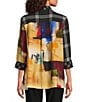 Ali Miles Petite Size Woven Abstract Multi Checked Stand Collar 3/4 Cuffed Sleeve Button-Front Tunic, Color:Abstract Multi - Image 2