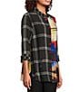 Ali Miles Petite Size Woven Abstract Multi Checked Stand Collar 3/4 Cuffed Sleeve Button-Front Tunic, Color:Abstract Multi - Image 3
