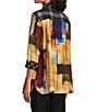 Ali Miles Petite Size Woven Abstract Multi Checked Stand Collar 3/4 Cuffed Sleeve Button-Front Tunic, Color:Abstract Multi - Image 4