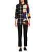Ali Miles Petite Size Woven Abstract Multi Checked Stand Collar 3/4 Cuffed Sleeve Button-Front Tunic, Color:Abstract Multi - Image 5