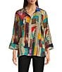 Ali Miles Petite Size Woven Abstract Multi Print Point Collar 3/4 Cuff Sleeve Button Front Tunic, Color:Abstract Multi - Image 1