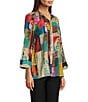 Ali Miles Petite Size Woven Abstract Multi Print Point Collar 3/4 Cuff Sleeve Button Front Tunic, Color:Abstract Multi - Image 3