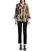 Ali Miles Petite Size Woven Abstract Multi Print Point Collar 3/4 Cuff Sleeve Button Front Tunic, Color:Abstract Multi - Image 5