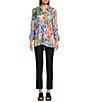 Ali Miles Petite Size Woven Abstract Multi Print Point Collar 3/4 Roll-Tab Sleeve Button Front Tunic, Color:Abstract Multi - Image 5