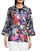 Ali Miles Petite Size Woven Abstract Multi Wire Collar 3/4 Sleeve Button Front Jacket, Color:Abstract Multi - Image 2