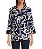 Color:Navy Print - Image 1 - Petite Size Woven Abstract Print 3/4 Bell Cuffed Sleeve Button Front Tunic