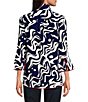 Color:Navy Print - Image 2 - Petite Size Woven Abstract Print 3/4 Bell Cuffed Sleeve Button Front Tunic