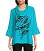 Color:Turquoise - Image 1 - Petite Size Woven Abstract Print Cowl Neck 3/4 Sleeve High-Low Hem Pop Over Tunic
