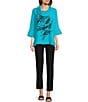 Color:Turquoise - Image 3 - Petite Size Woven Abstract Print Cowl Neck 3/4 Sleeve High-Low Hem Pop Over Tunic