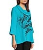 Color:Turquoise - Image 4 - Petite Size Woven Abstract Print Cowl Neck 3/4 Sleeve High-Low Hem Pop Over Tunic