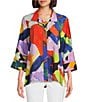 Ali Miles Petite Size Woven Abstract Print Point Collar 3/4 Sleeve Button-Front Tunic, Color:Abstract Multiple - Image 1