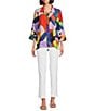 Ali Miles Petite Size Woven Abstract Print Point Collar 3/4 Sleeve Button-Front Tunic, Color:Abstract Multiple - Image 3