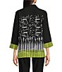 Ali Miles Petite Size Woven Abstract Print Point Collar 3/4 Sleeve Button Front Tunic, Color:Black Citron Print - Image 2