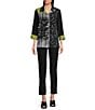 Ali Miles Petite Size Woven Abstract Print Point Collar 3/4 Sleeve Button Front Tunic, Color:Black Citron Print - Image 3
