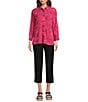 Ali Miles Petite Size Woven Allover Floral Embroidered Point Collar 3/4 Sleeve Button Front Tunic, Color:Raspberry - Image 5