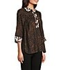 Ali Miles Petite Size Woven Animal Print Point Collar 3/4 Sleeve Contrast Trim Hi-Low Hem Tunic, Color:Multi Animal Print - Image 3