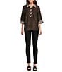 Ali Miles Petite Size Woven Animal Print Point Collar 3/4 Sleeve Contrast Trim Hi-Low Hem Tunic, Color:Multi Animal Print - Image 5