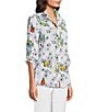 Color:Multiple - Image 3 - Petite Size Woven Burnout Printed Wire Neck 3/4 Roll-Tab Sleeve Button-Front Tunic