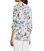 Color:Multiple - Image 4 - Petite Size Woven Burnout Printed Wire Neck 3/4 Roll-Tab Sleeve Button-Front Tunic