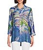 Color:Indigo Print - Image 1 - Petite Size Woven Butterfly Printed Point Collar 3/4 Sleeve High-Low Hem Button-Front Tunic