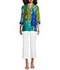 Ali Miles Petite Size Woven Color Block Print Point Collar 3/4 Sleeve Button Front Tunic, Color:Blue Multi - Image 3