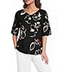 Ali Miles Petite Size Woven Contrast Floral Side V-Neck Elbow Sleeve Popover Top - Image 1