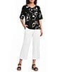 Ali Miles Petite Size Woven Contrast Floral Side V-Neck Elbow Sleeve Popover Top - Image 3