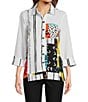 Color:Multi - Image 1 - Petite Size Woven Crinkle Multi Abstract Print Point Collar 3/4 Sleeve Asymmetrical Hem Button-Front Tunic