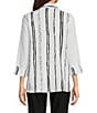 Color:Multi - Image 2 - Petite Size Woven Crinkle Multi Abstract Print Point Collar 3/4 Sleeve Asymmetrical Hem Button-Front Tunic
