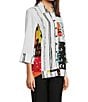 Color:Multi - Image 3 - Petite Size Woven Crinkle Multi Abstract Print Point Collar 3/4 Sleeve Asymmetrical Hem Button-Front Tunic